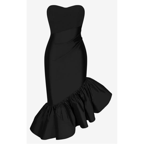 RASARIO Ruffled Silk and Crepe Corset Strapless Black Midi Dress Size 4 - Picture 2 of 11